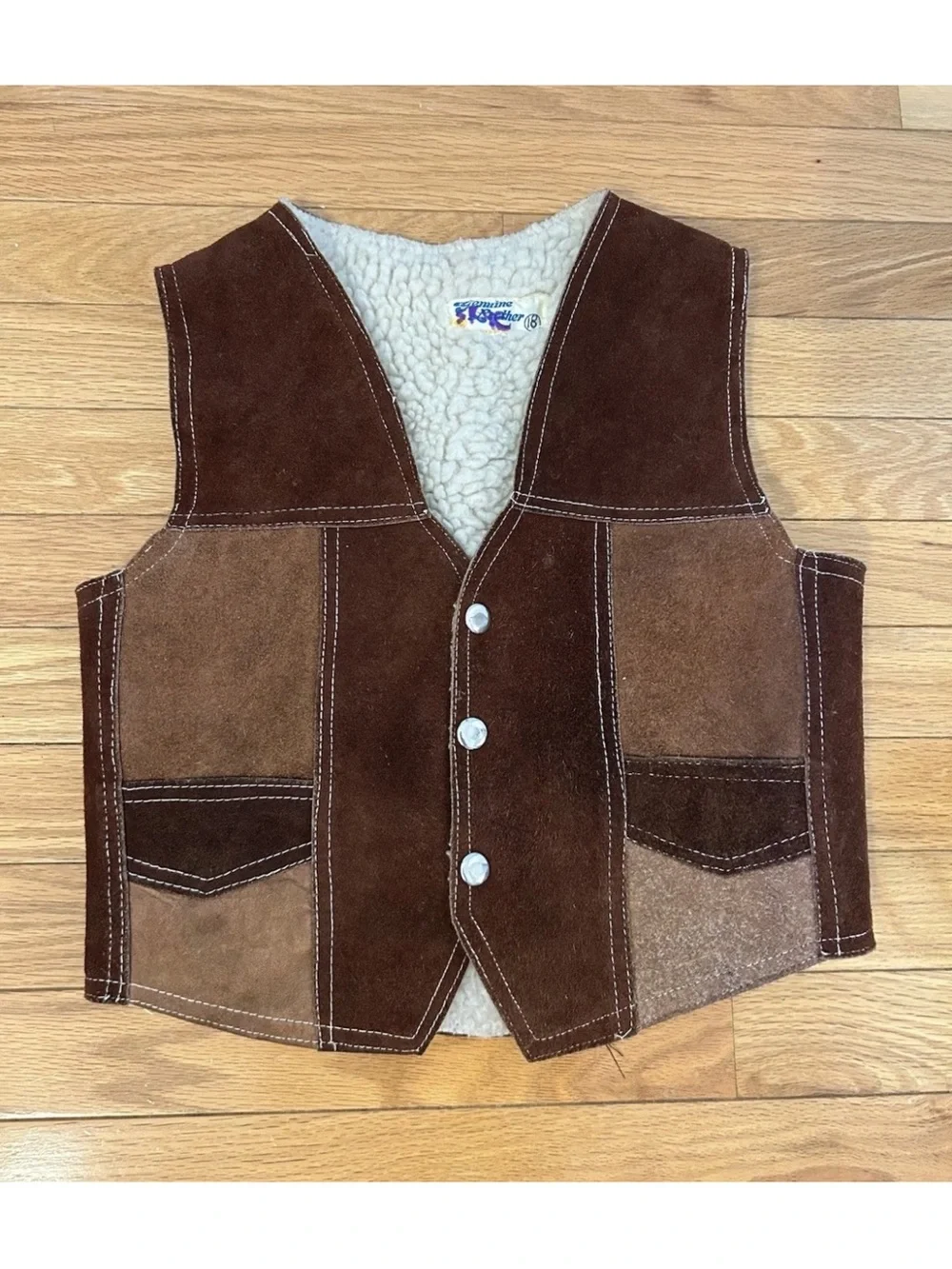 Vintage 70s Kids Suede Leather Sherpa Vest Western Patchwork Mexico Sz 18 M/L